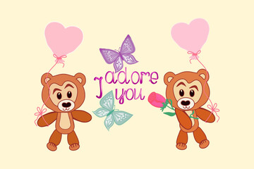 Teddy bears with balloons, heart, flower, butterflies, cartoon characters, short text, on transparent background.