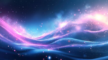 Fototapeta premium Cosmic waves, vibrant aurora, deep space, swirling nebula, neon colors, blue and pink gradient, celestial energy, starry background, abstract galaxy, fluid motion, ethereal atmosphere, luminous ribbon