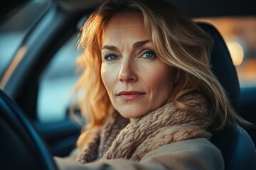 confident woman takes charge as she sits behind the wheel of a car. Her poised and determined expression exudes a sense of empowerment and control Generative AI