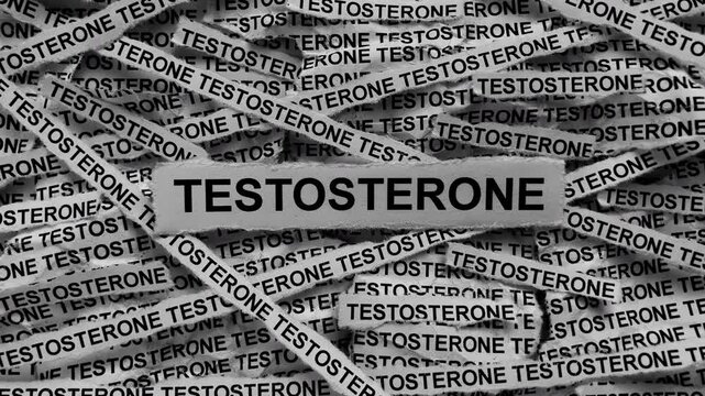 Strips of newspaper with the words Testosterone typed on them. Black and white. Slow motion.
