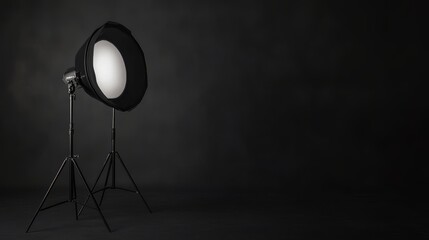 Studio Spotlight on Tripod, Stage, and Wall in Empty Black Room