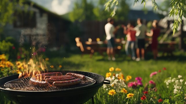 Grill with sausages in the garden with flowers and group of friends celebrating in the background