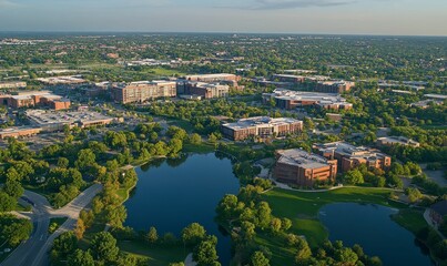 Fototapeta premium Aerial view: buildings, green space, and ponds.