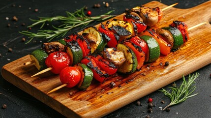 Colorful vegetable skewers grilled to perfection served on a wooden platter with herbs and spices