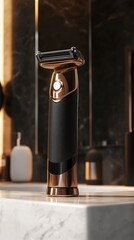 A sleek electric razor stands on a marble countertop, showcasing its modern design and functionality.