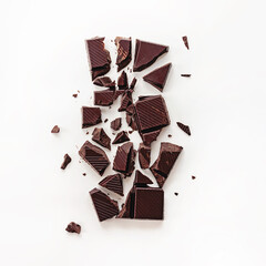 Dark chocolate chunks are broken and scattered over a plain white surface
