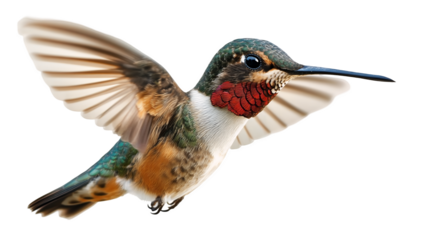 A tiny hummingbird hovering with fast-beating wings isolated on a transparent background, PNG