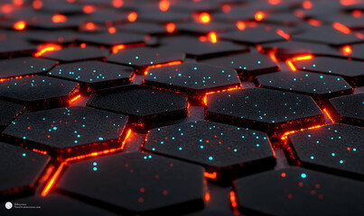 Obraz premium Abstract hexagonal pattern with glowing orange and cyan accents. Perfect for technology, energy, or futuristic designs.