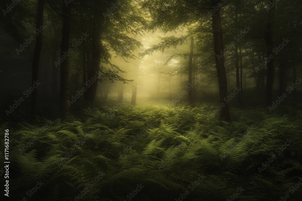 Poster mystical forest path shrouded in fog, sunlight filtering through trees, ferns covering the ground.