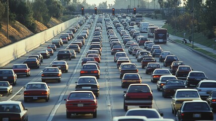 Obraz premium Dense highway traffic, many vehicles, afternoon light.