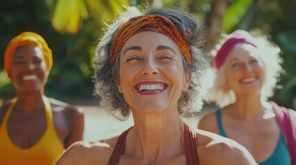 Multiracial senior women having fun together after yoga class outdoor - Healthy lifestye and mature people concept - Main focus on center women faces