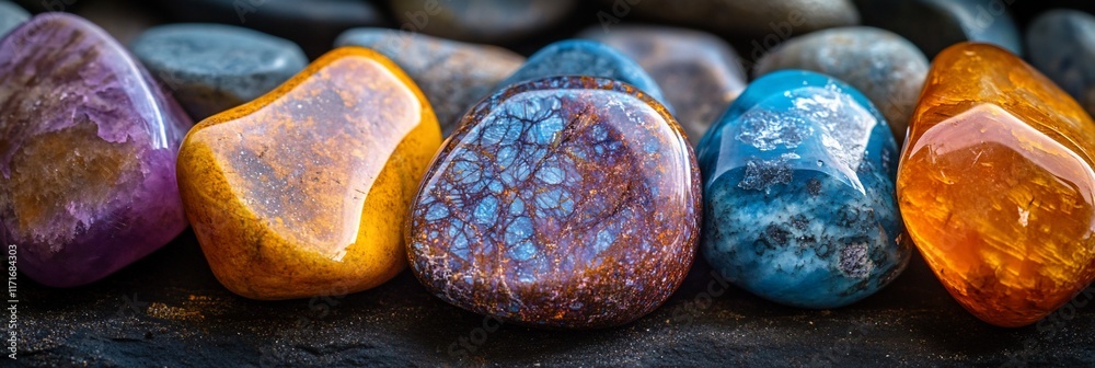 Poster close-up of colorful, polished stones with unique patterns and textures.