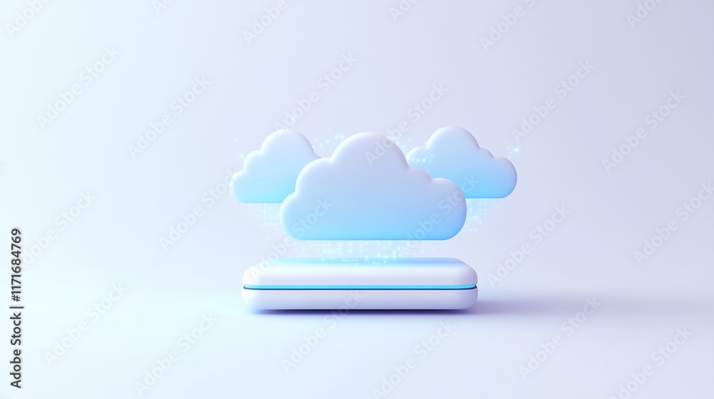 Poster 3D render of cloud computing concept;  three light blue clouds hover above a white platform.