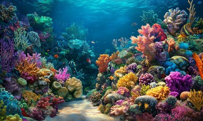 Vibrant coral reef, colorful fish, underwater scene.