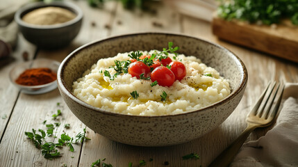 fluffy couscous served in a rustic ceramic bowl, garnished with fresh parsley, cherry tomatoes, and a drizzle of olive oil, placed on a wooden table with a small bowl of spices and a fork nearby