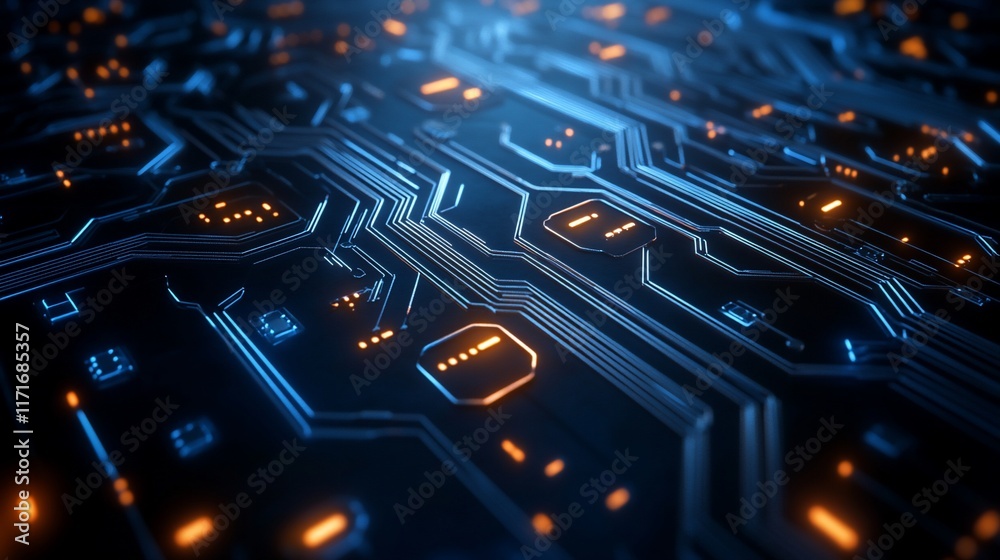 Poster Abstract close-up of a glowing circuit board with orange and blue illuminated lines and components.