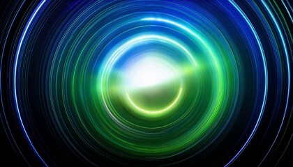 Abstract swirling light trails in vibrant greens and blues.
