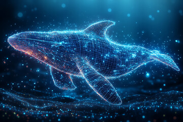 Glowing wireframe a majestic whale swimming in the ocean on a transparent background, highlighted by a combination of blue and black data points


