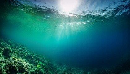 Fototapeta premium Sunbeams pierce the ocean, illuminating a vibrant coral reef below.