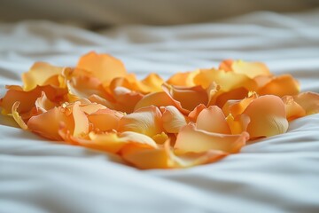 Yellow rose petals arranged on bed