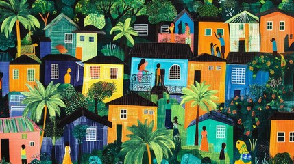Vibrant village scene, colorful houses, tropical foliage.