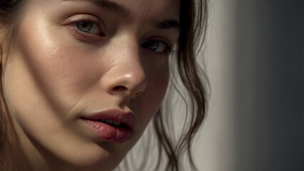 Elegant Woman with Natural Makeup in Minimalist Portrait – Perfect for Beauty Advertisement or Studio Photography