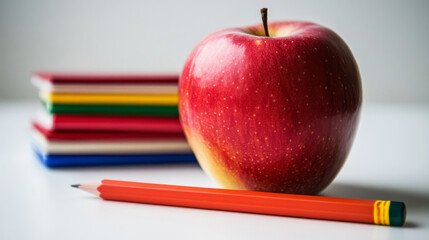 Apple with red pencil and color books on white background