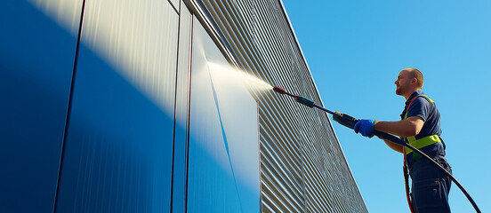 Cleaner worker is actively using a pressure washer to clean the facade of a modern commercial building, ensuring it looks pristine	