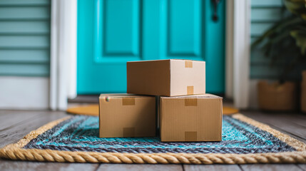 Delivery of packages at a front door with bright teal entrance on a sunny day