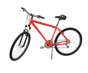 Red bicycle standing while leaning on kickstand, side view. Bike resting on kick stand. Png clipart isolated on transparent background
