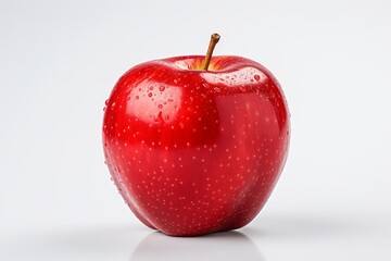 A fresh red apple with water droplets on a white background, symbolizing health and nature's beauty.