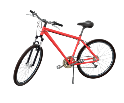 Red bicycle standing while leaning on kickstand, side view. Bike resting on kick stand. Png clipart isolated on transparent background - Powered by Adobe