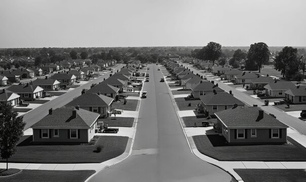 Suburban street, identical houses, monochrome view.