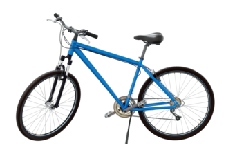 Blue bicycle standing while leaning on kickstand, side view. Bike resting on kick stand. Png clipart isolated on transparent background
