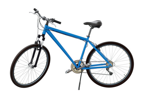 Blue bicycle standing while leaning on kickstand, side view. Bike resting on kick stand. Png clipart isolated on transparent background