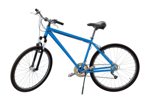 Blue bicycle standing while leaning on kickstand, side view. Bike resting on kick stand. Png clipart isolated on transparent background - Powered by Adobe