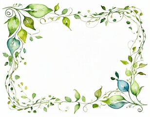 Elegant Watercolor Green Leaf Frame With Delicate Twirling Vines on White