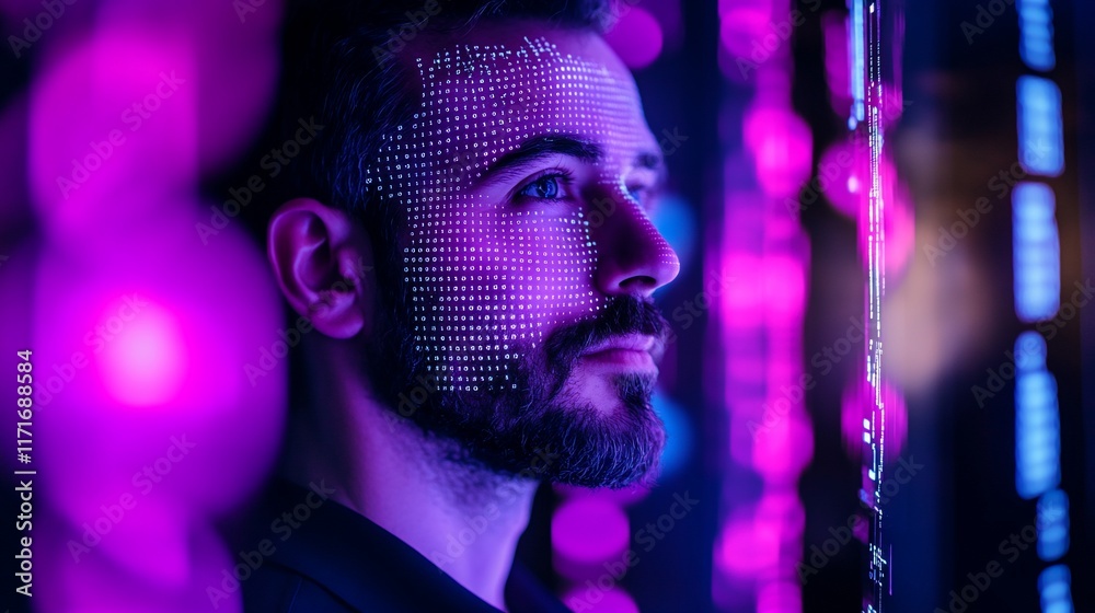 Poster man's face with digital data overlay, futuristic neon lighting.