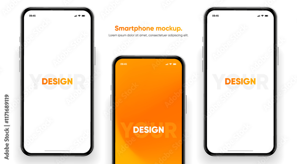 Poster Realistic smartphone mockup. Mobile phone vector with isolated on white background. Device front view. 3D mobile phone with shadow. Realistic, high quality smart phone mockup for ui ux presentation.