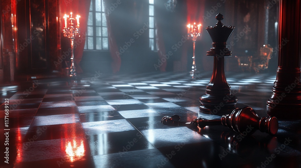 Poster dramatic 3d render of a queen chess piece on a large chessboard in a dimly lit, opulent room.