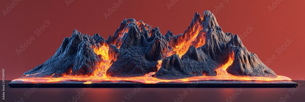 Poster volcanic mountain range miniature model with glowing lava flows on dark surface.