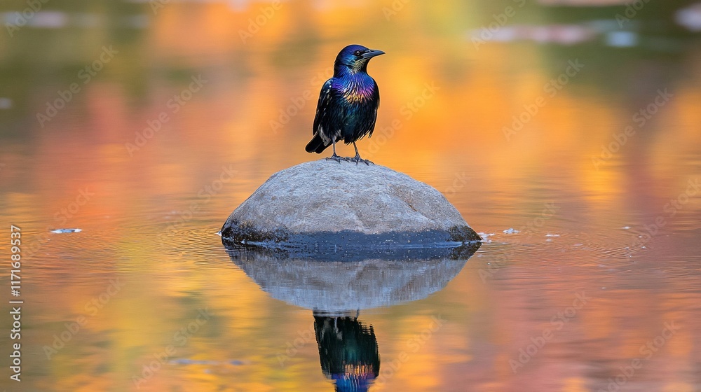 Poster a vibrant iridescent bird perches on a rock in calm water, its reflection mirrored in the colorful a