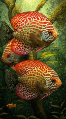 Two red discus fish swimming amidst aquatic plants.