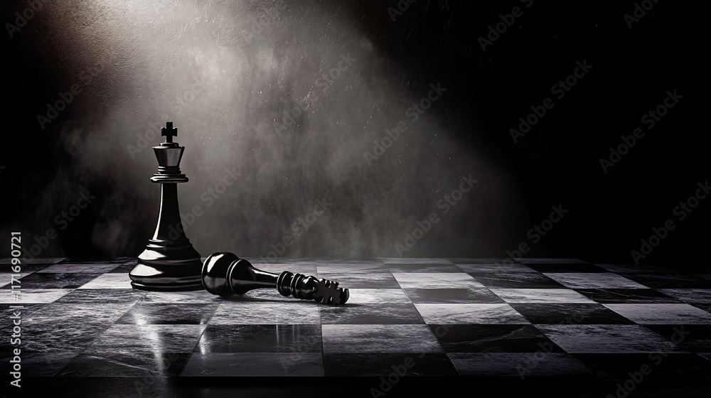 Poster dramatic close-up of a chess king standing over a fallen opponent on a dark marble chessboard.