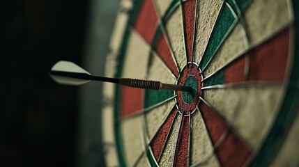 Focusing closely on a dartboard, a dart is perfectly embedded in the bullseye. The vibrant board features alternating red and green sections, creating a striking visual.