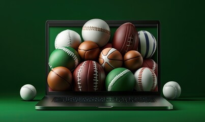 The theoretical notion of placing live bets on sports results, illustrated in 3D with standard sports equipment and a dark green background - Powered by Adobe