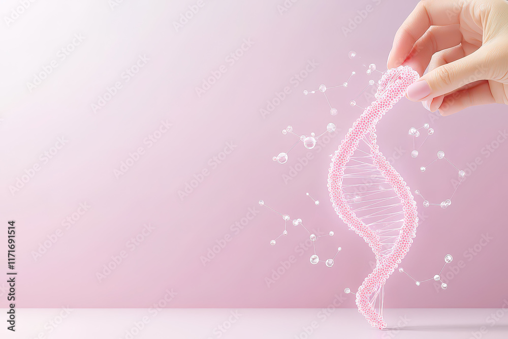 Poster hands holding a pink dna strand with bubbles on a soft pastel background showcasing bioengineering c