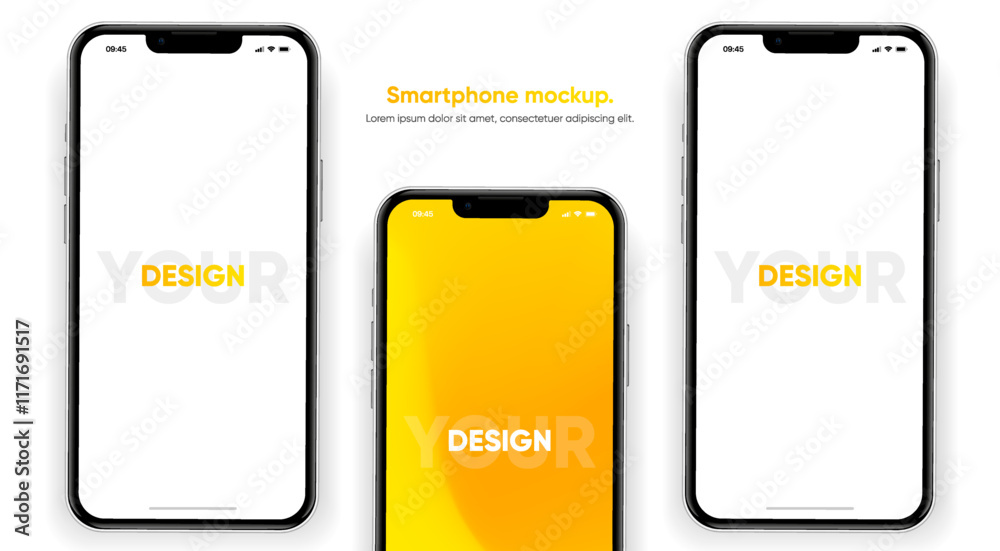 Poster Realistic smartphone mockup. Mobile phone vector with isolated on white background. Device front view. 3D mobile phone with shadow. Realistic, high quality smart phone mockup for ui ux presentation.
