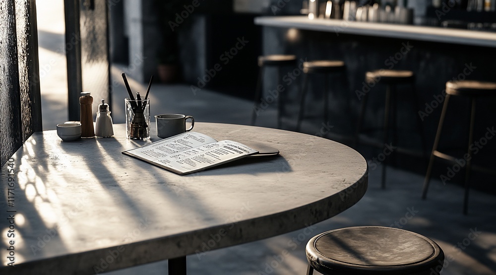 Poster sunlight streams into a modern cafe, illuminating a table with a newspaper, coffee, and condiments. 