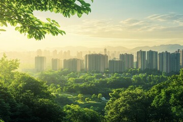 Lush green canopy, sunlit cityscape, distant mountains.